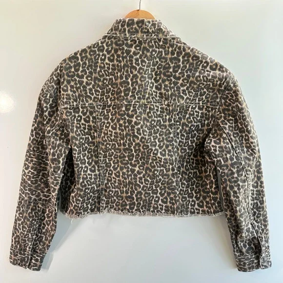 NWOT Free People Leopard Print Denim Jacket‎ Cropped Raw Hem Edgy Retro XS - Picture 10 of 12
